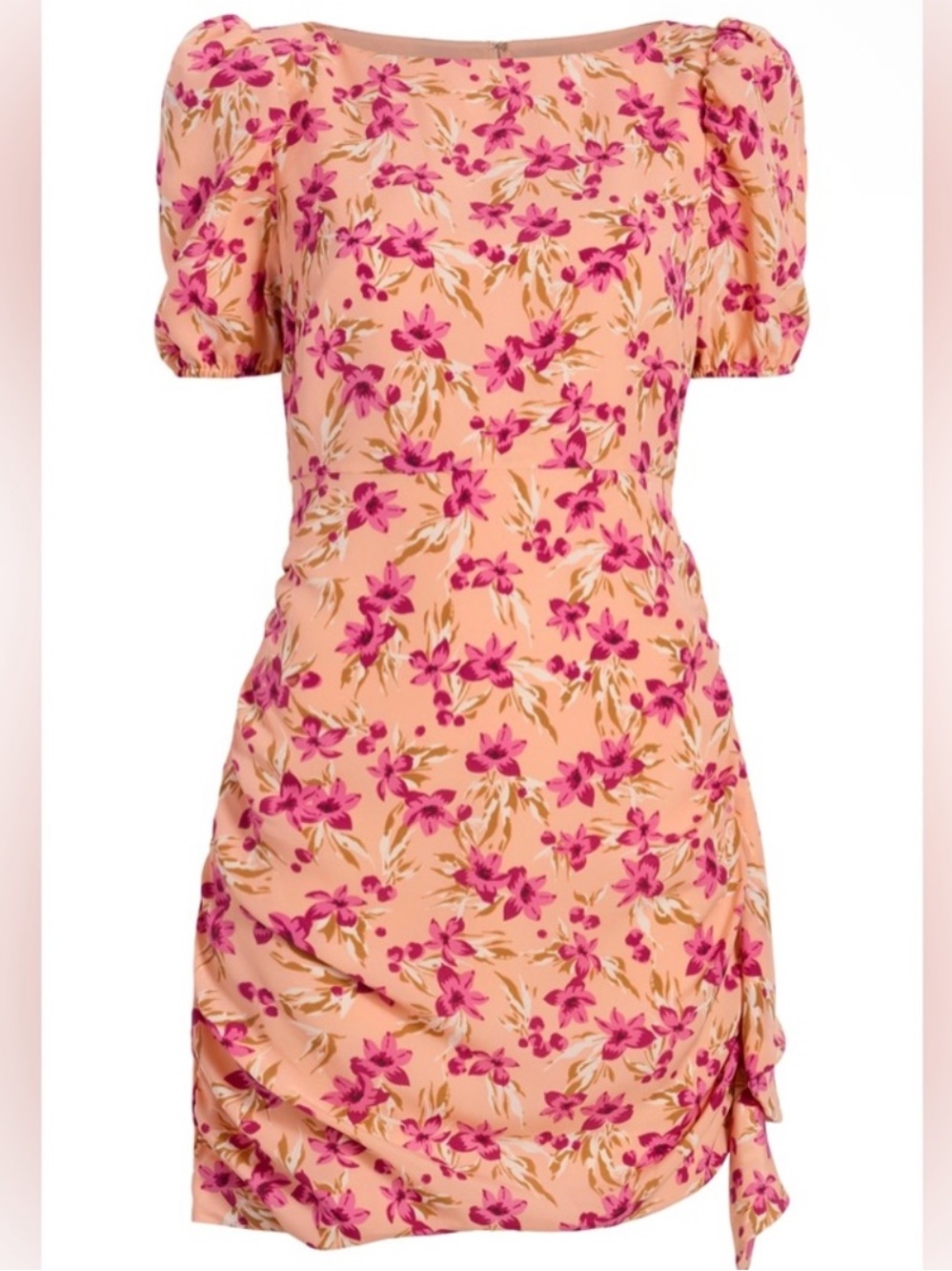 Likely Cara Mini Dress Honey Peach Berry Floral Cara Puff Sleeve Side Ruched
